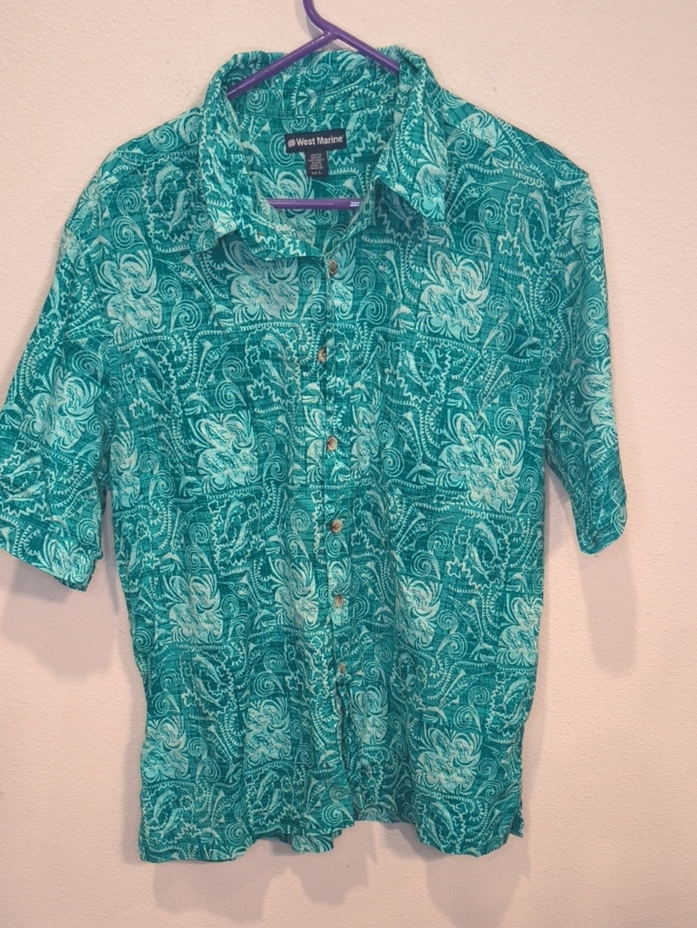 West Marine Teal Paisley Short-Sleeve Button-Down Shirt Limited Edition Large